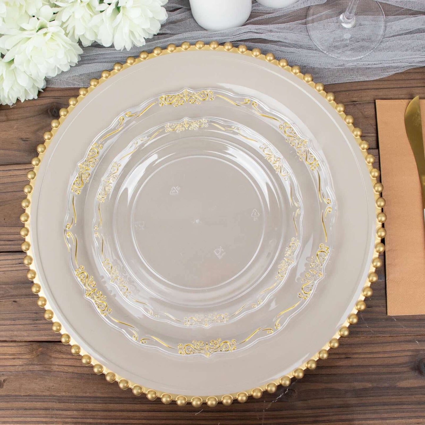 10-Pack Plastic 7" Round Dessert Plates in Clear with Gold Vintage Embossed Rim - Sturdy Disposable Scalloped Edge Salad Plates for Sophisticated Events & Celebrations