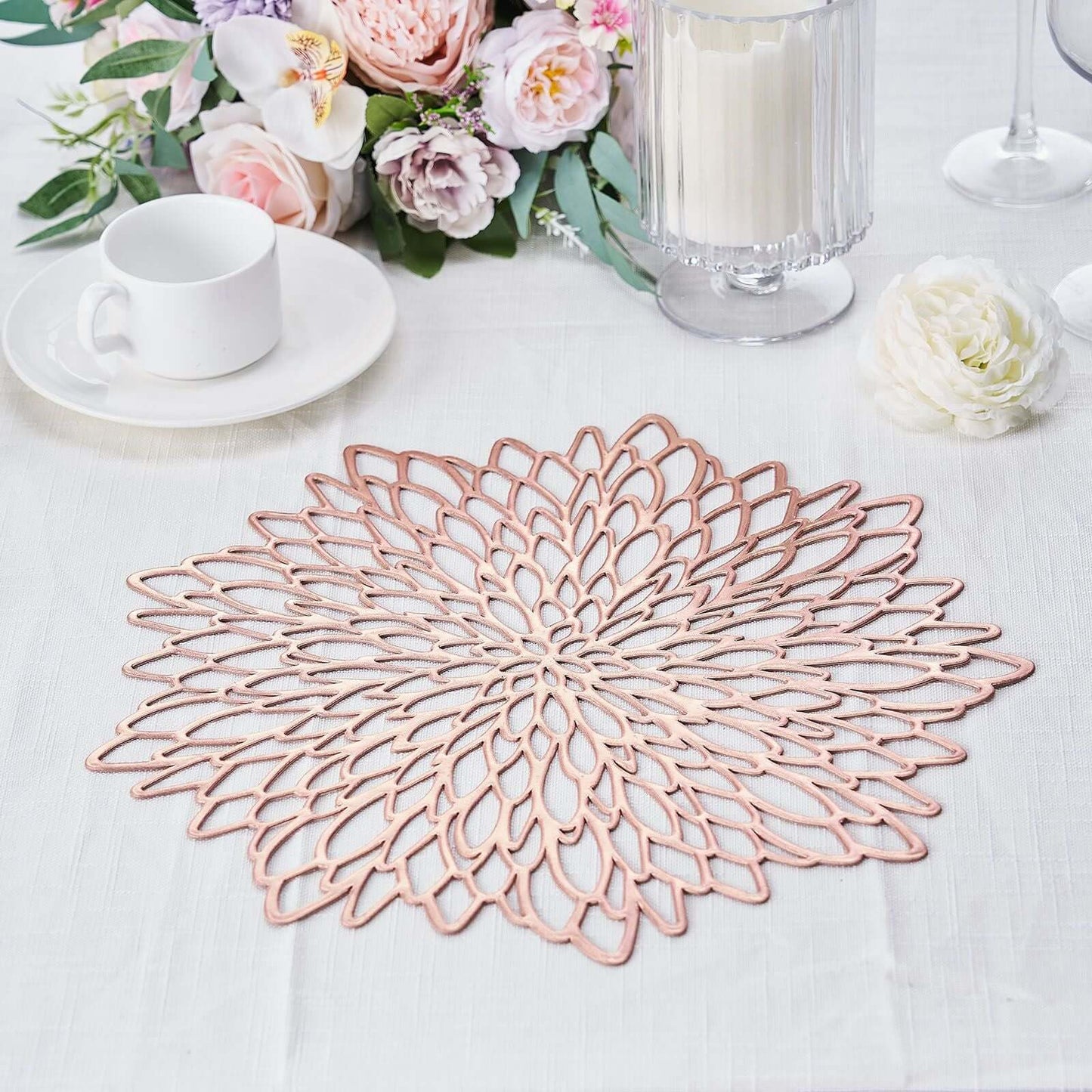 6-Pack Dining Table Mats Floral Design Rose Gold - Metallic Vinyl Round Non-Slip Mats for Tables 15"