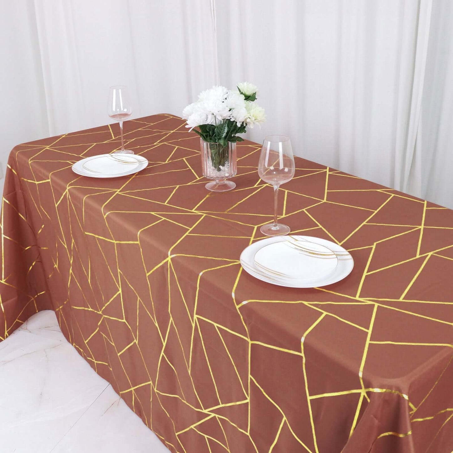 Polyester 90"x132" Rectangle Tablecloth Terracotta (Rust) with Gold Foil Geometric Pattern - Wrinkle-Resistant Seamless Table Cover