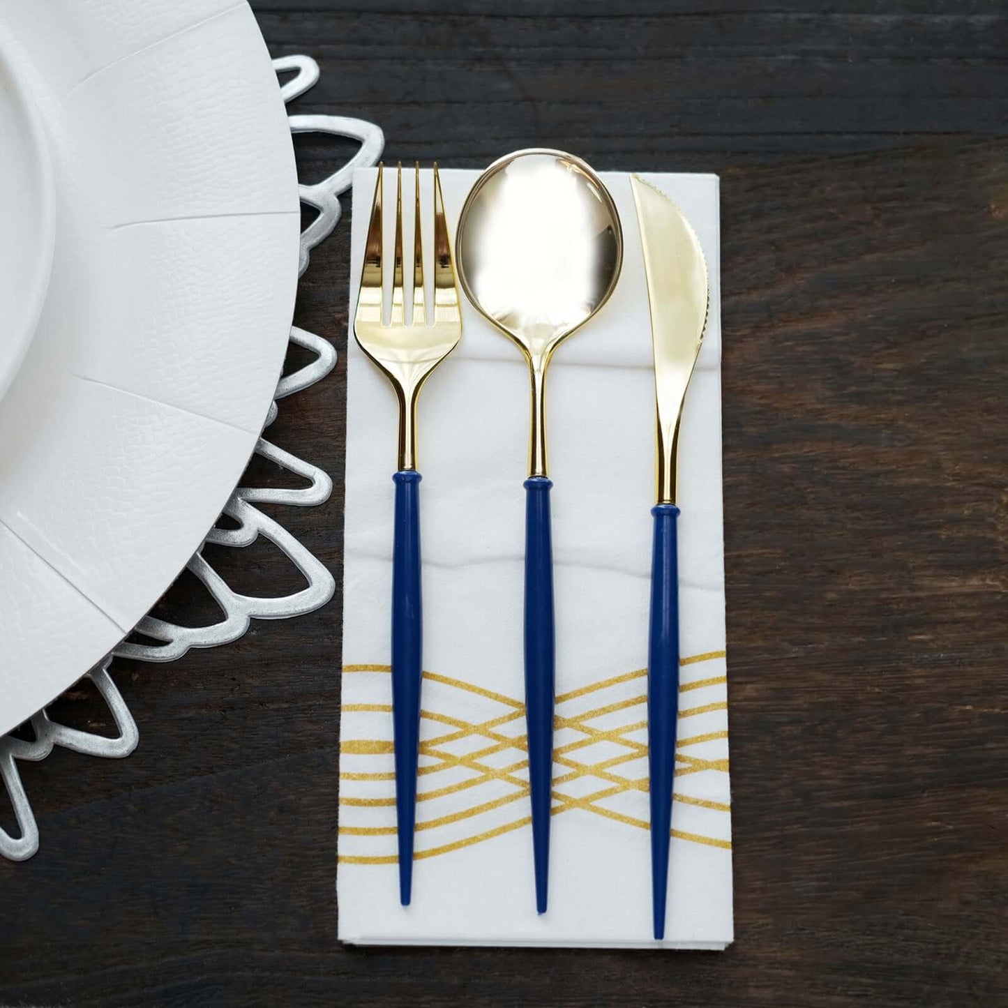 24-Pack Plastic Flatware Set in Metallic Gold with Royal Blue Handle - Heavy Duty Disposable Modern Silverware 8"
