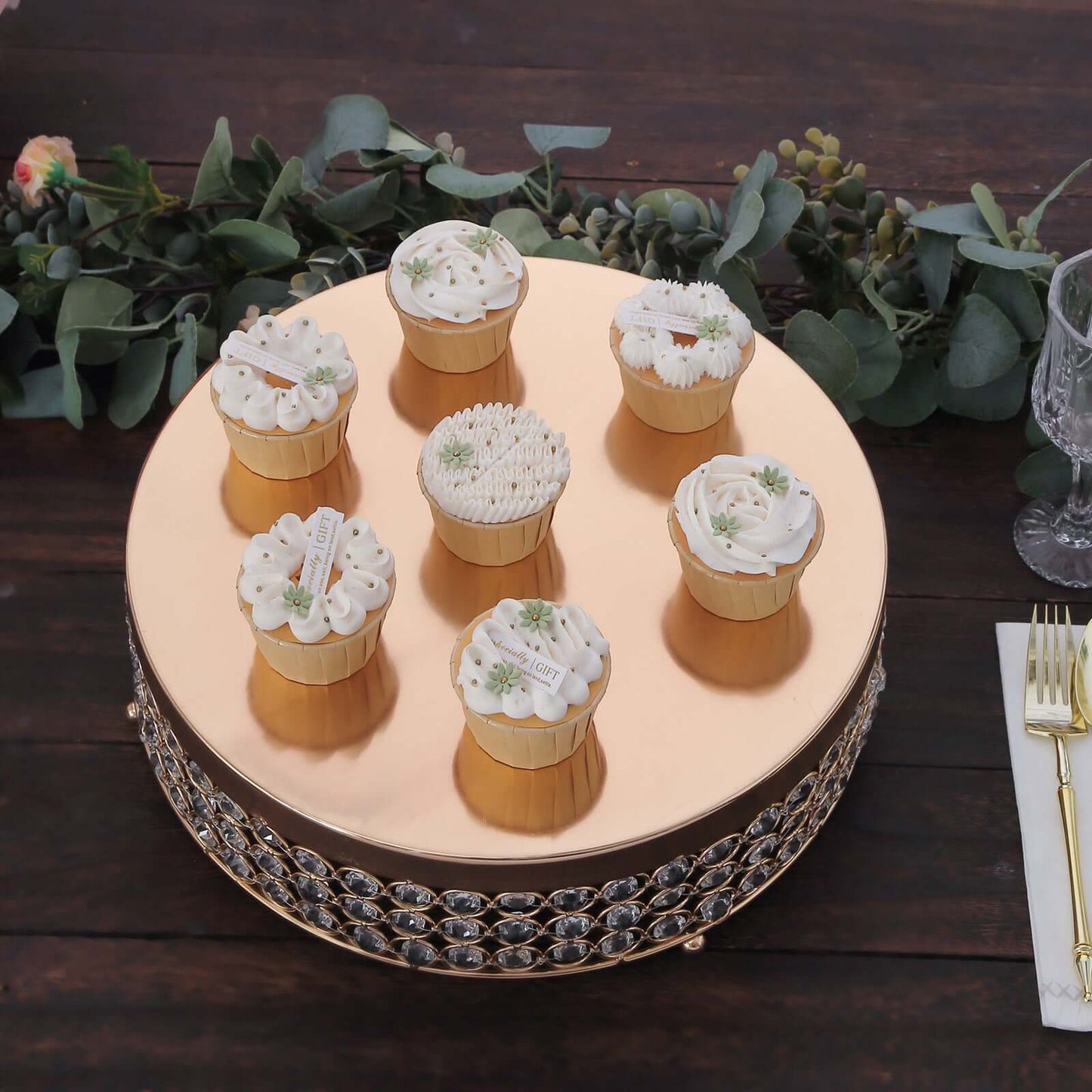 Metal Cake Stand Pedestal Crystal Beaded Design Gold - Cupcake Display and Dessert Riser 14"