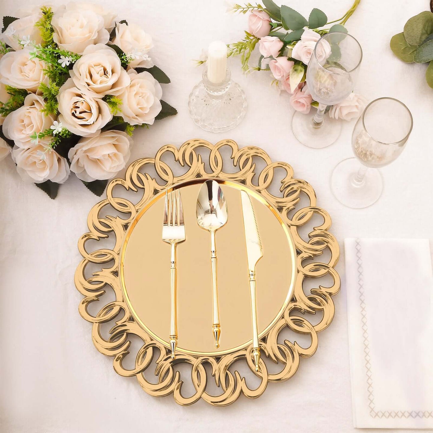 6-Pack Plastic Round Charger Plates 13" in Gold with Entwined Swirl Rim, Plastic Disposable Decorative Chargers