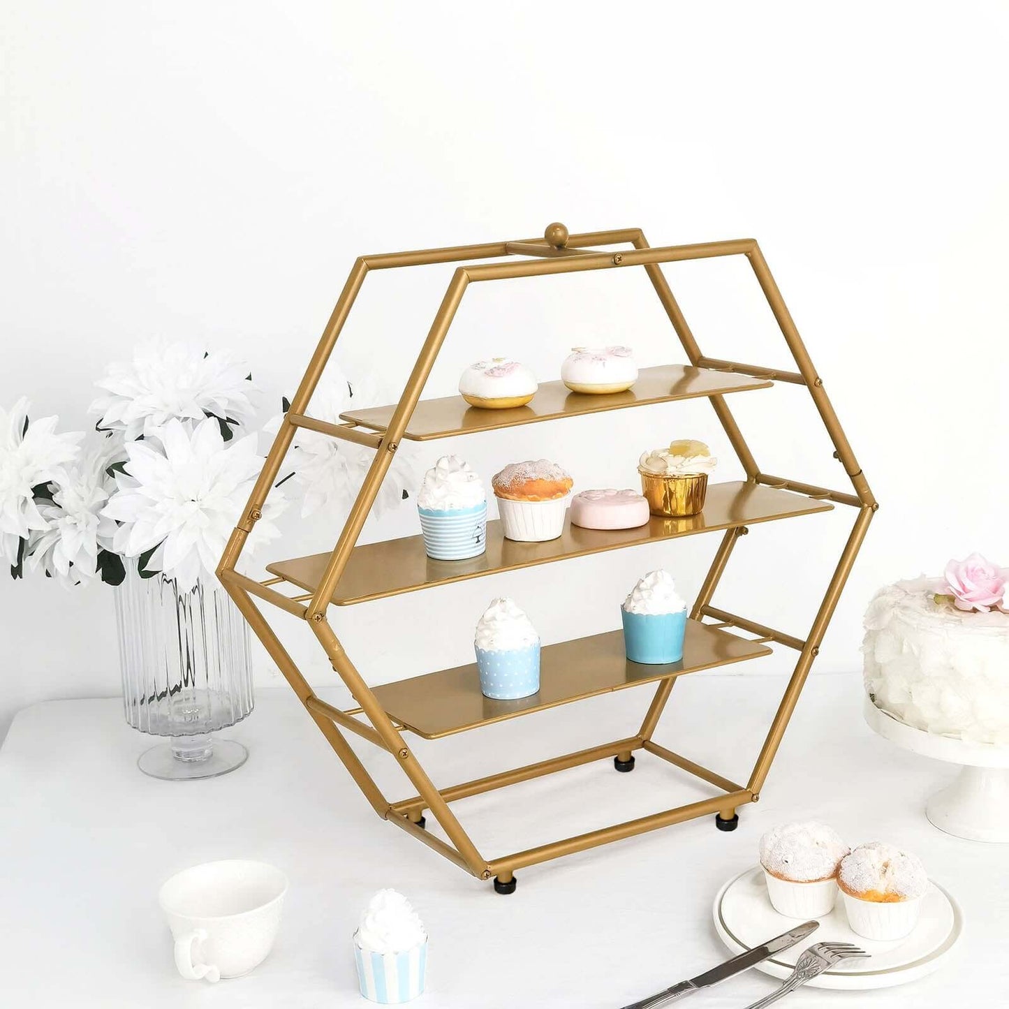 3-Tier Metal Hexagon Cupcake Stand Matte Gold - Stylish Geometric Dessert Holder Appetizer Display for Modern Weddings Dessert Buffets & Celebrations 21"