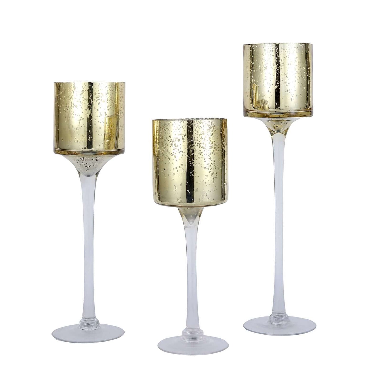Set of 3 Glass Cylinder Vases Long Stem Gold - Decorative Candle Holder Floral Centerpieces 12", 14", 16"