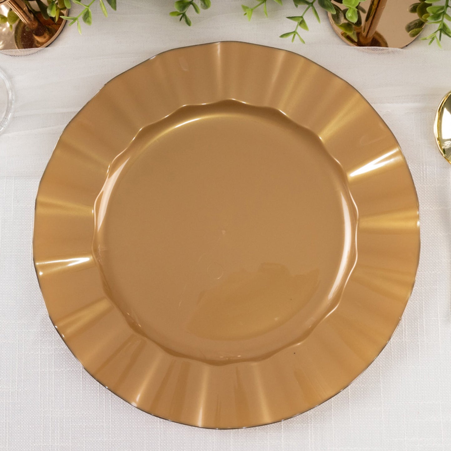 10-Pack Plastic 11" Round Dinner Plates in Gold with Ruffled Rim - Sturdy Disposable Dinnerware for Classy Events & Banquets