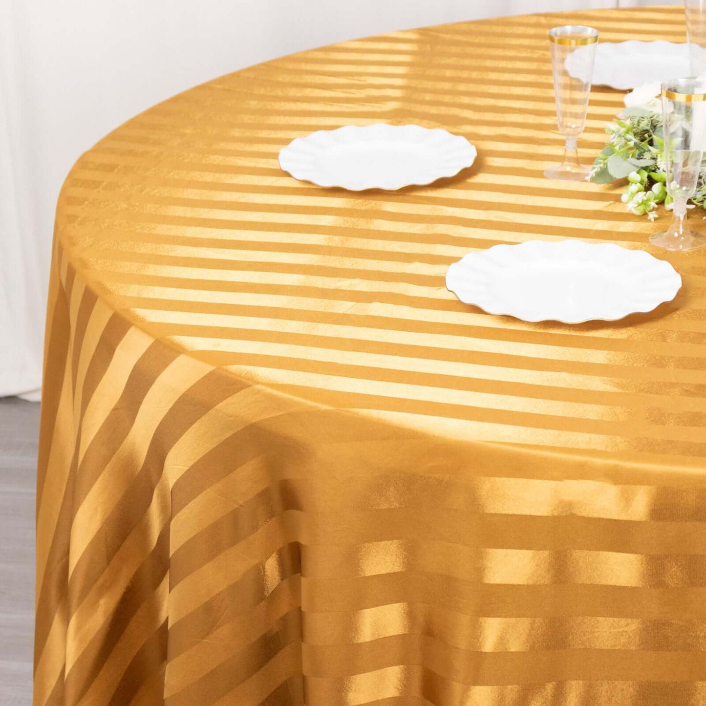 Satin Striped 120" Round Tablecloth Gold - Silky Smooth Seamless Wedding Decor