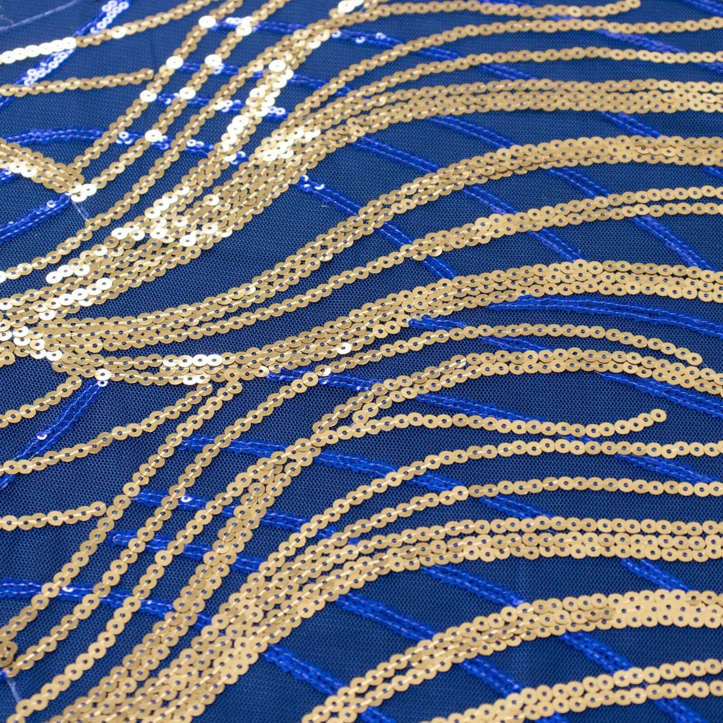 Sequin Mesh 120" Round Tablecloth Royal Blue/Gold - Seamless Wave Embroidered Table Cover