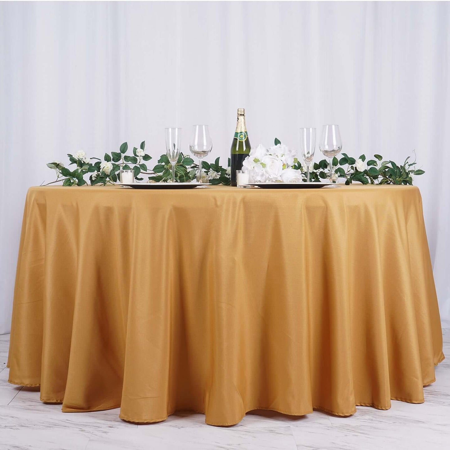 Polyester 132" Round Tablecloth Gold - Seamless Chic Design for Grand Celebrations