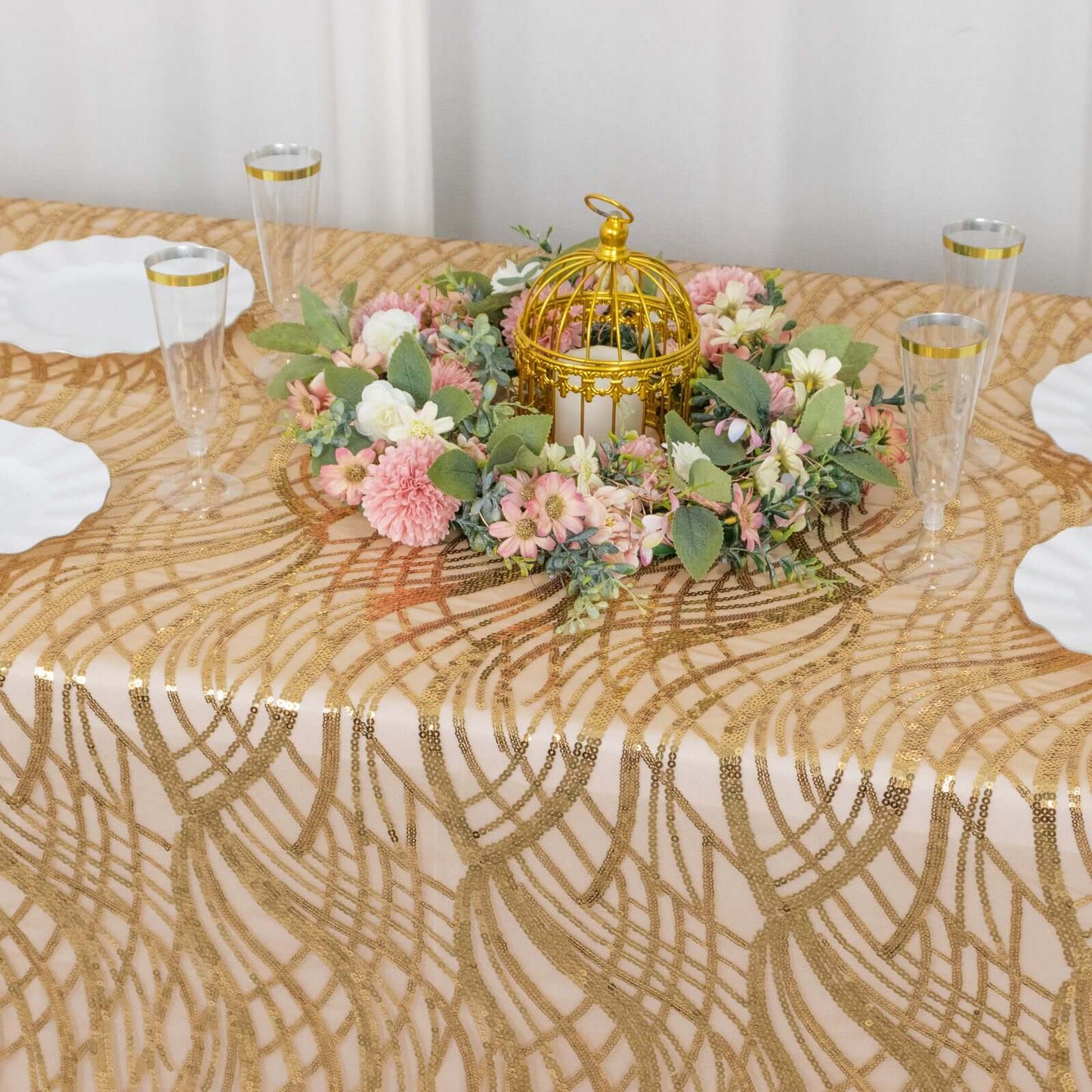 Mesh 90"x156" Rectangle Tablecloth Gold - Wave Sequin Embroidered Design for Refined Occasions