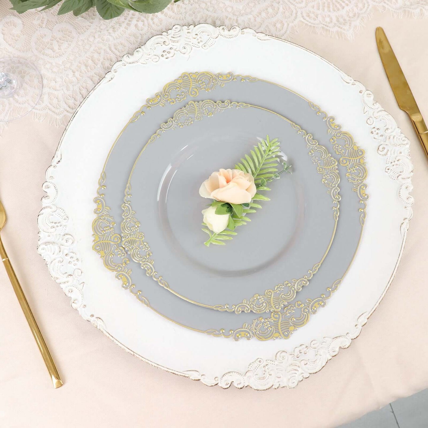 10-Pack Plastic 10" Round Dinner Plates in Gray with Gold Leaf Embossed Rim - Disposable Vintage Baroque Style Plates