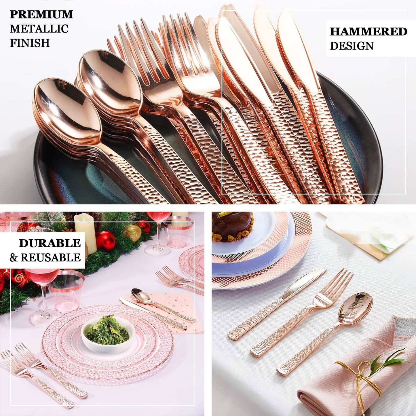 24-Pack Plastic Silverware Set with Hammered Design Rose Gold - Heavy Duty Disposable Utensils 7"