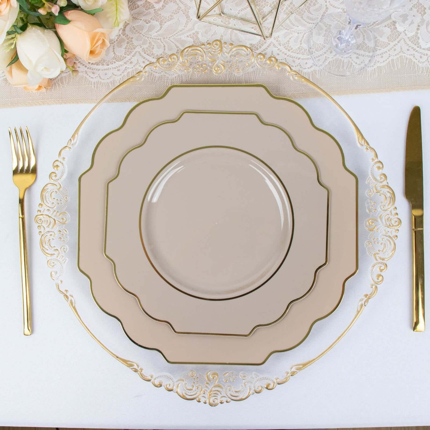 10-Pack Plastic Dessert Appetizer Plates in Taupe Baroque Design with Scalloped Gold Rim - Heavy Duty Disposable Salad Plates 8"