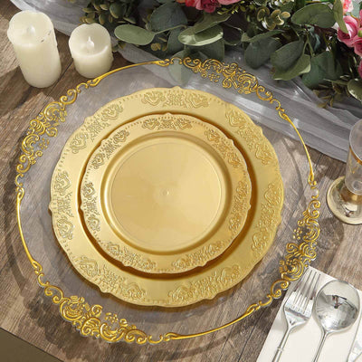 10-Pack Plastic 7.5" Round Appetizer Plates Gold Embossed Scalloped Edge - Chic Disposable Salad Plates for Special Occasions & Banquets