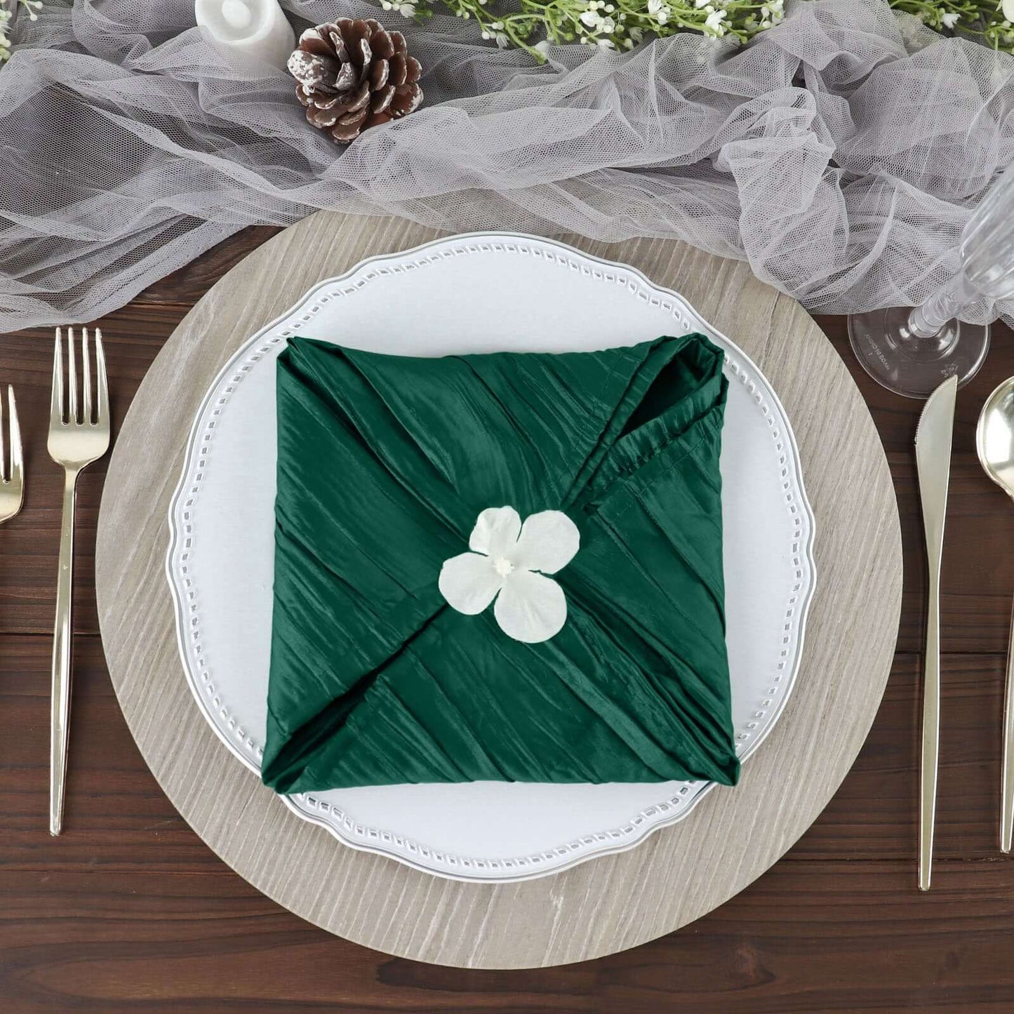 5 Pack Taffeta 20"x20" Napkins Hunter Emerald Green - Accordion Crinkle Dinner Napkins