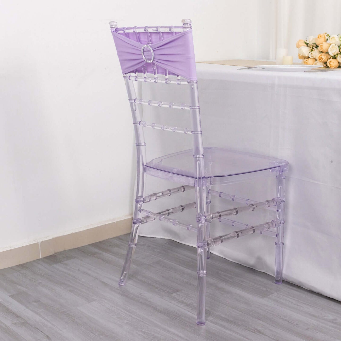 5 Pack Stretch Spandex Chair Sashes Lavender Lilac - Reusable Chair Bands with Silver Diamond Ring Slide Buckle 5"x14"