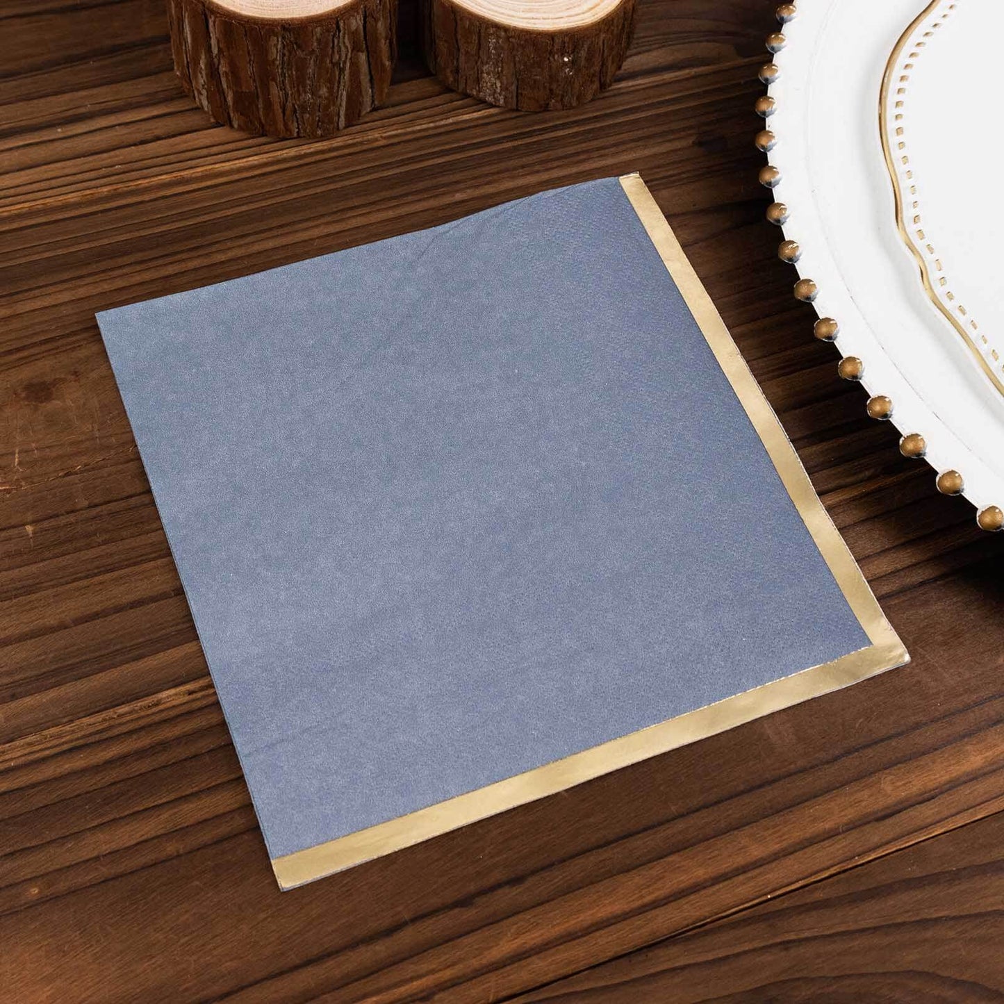 50-Pack Paper Beverage Napkins with Gold Foil Edge Dusty Blue - Disposable 2 Ply Cocktail Napkins for Events 6.5"x6.5"