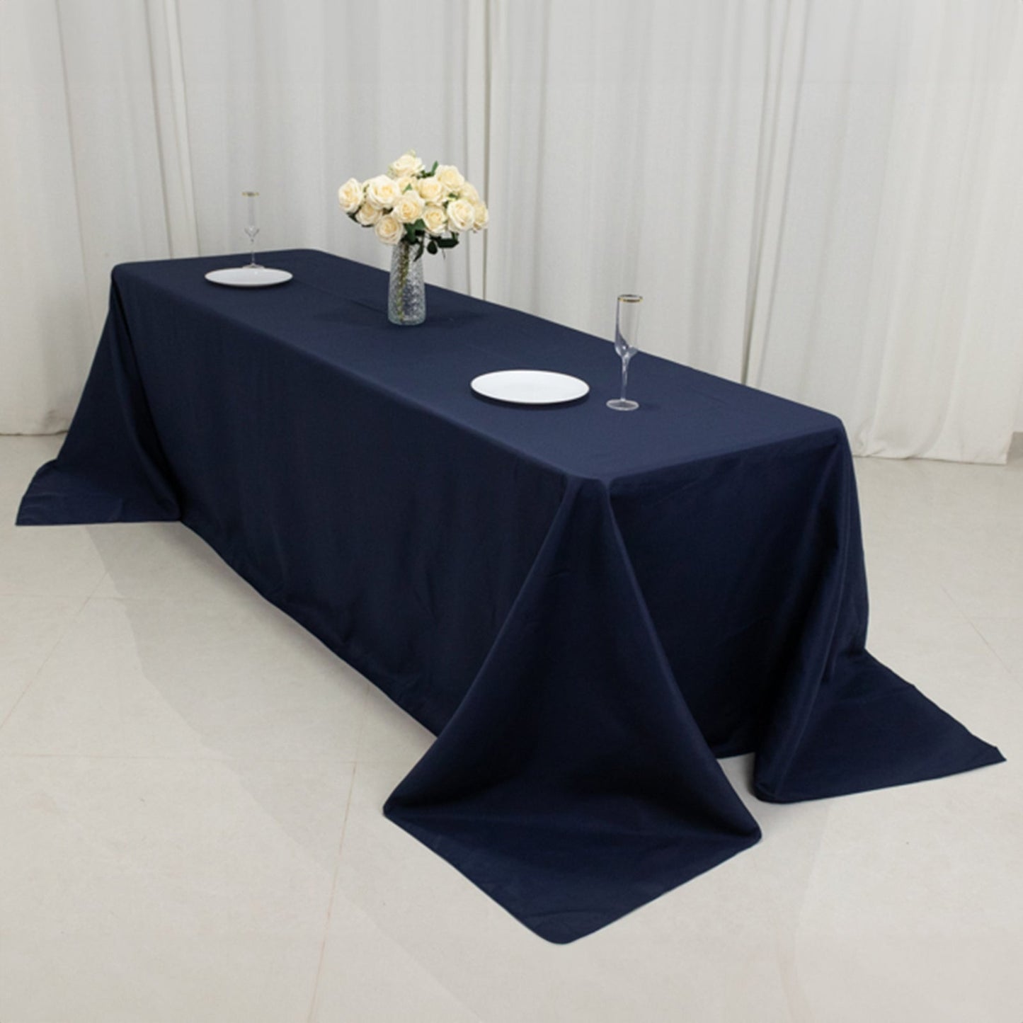 Fire Retardant Premium Polyester 90"x156" Rectangular Tablecloth Navy Blue - High-Performance Seamless Table Cover