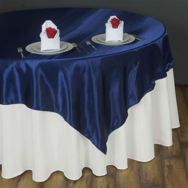 Satin 90"x90" Table Overlay Square Tablecloth Navy Blue - Smooth Finish Table Topper