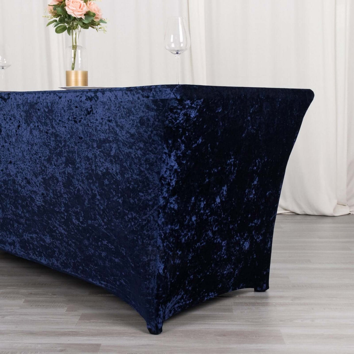 Crushed Velvet Fitted Rectangular 6ft Table Cover Navy Blue - Wrinkle-Free Stretchy Tablecloth