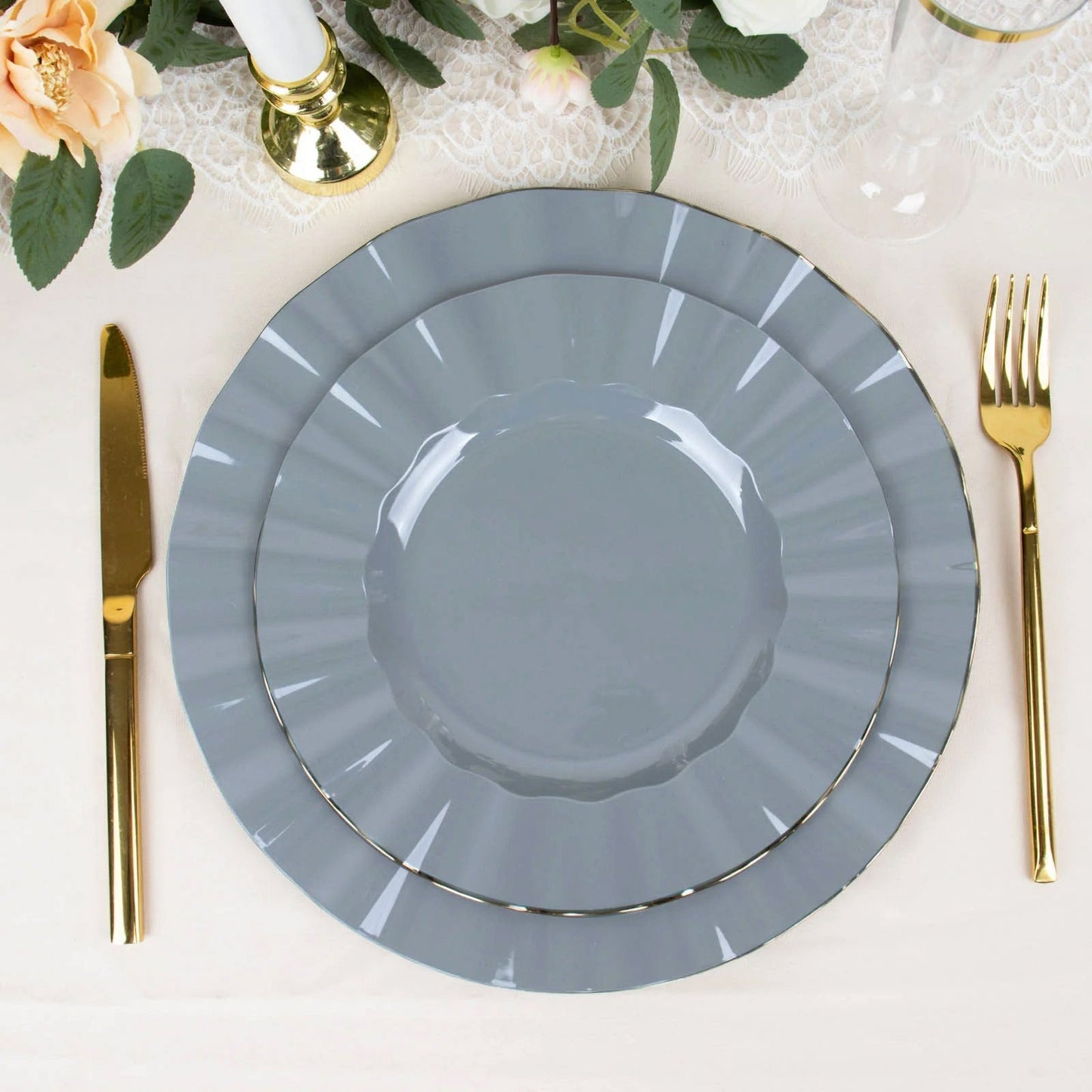 10-Pack Plastic 9" Round Dinner Plates in Dusty Blue Ruffled Rim with Gold Edging - Sturdy Disposable Dinnerware