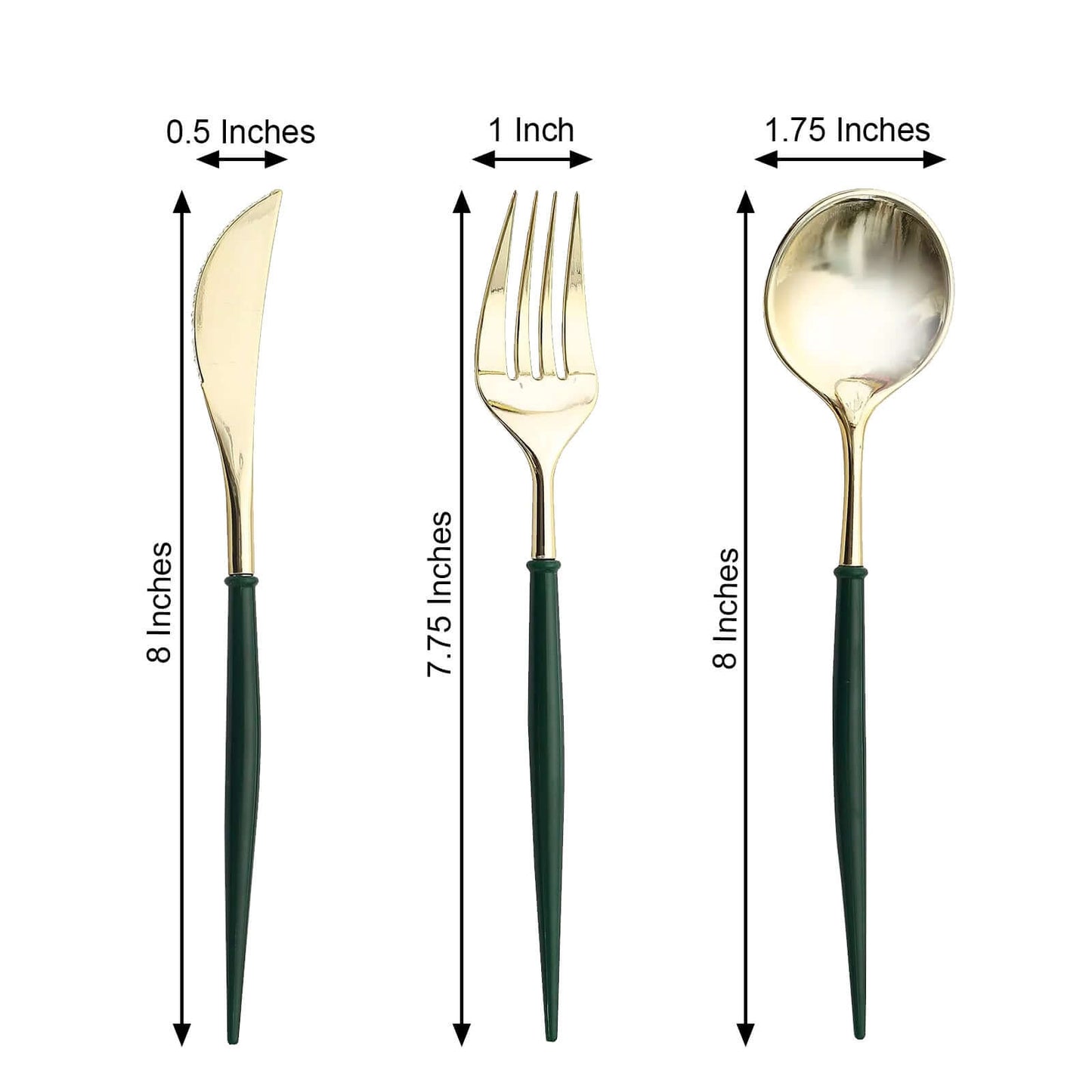 24-Pack Plastic Flatware Set in Metallic Gold with Hunter Emerald Green Handle - Heavy Duty Disposable Modern Silverware 8"