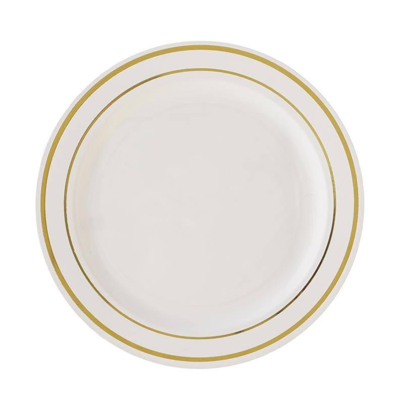 10-Pack Plastic Dessert Plates Ivory with TrÃ¨s Chic Gold Rim - Disposable Plates for Parties 8"