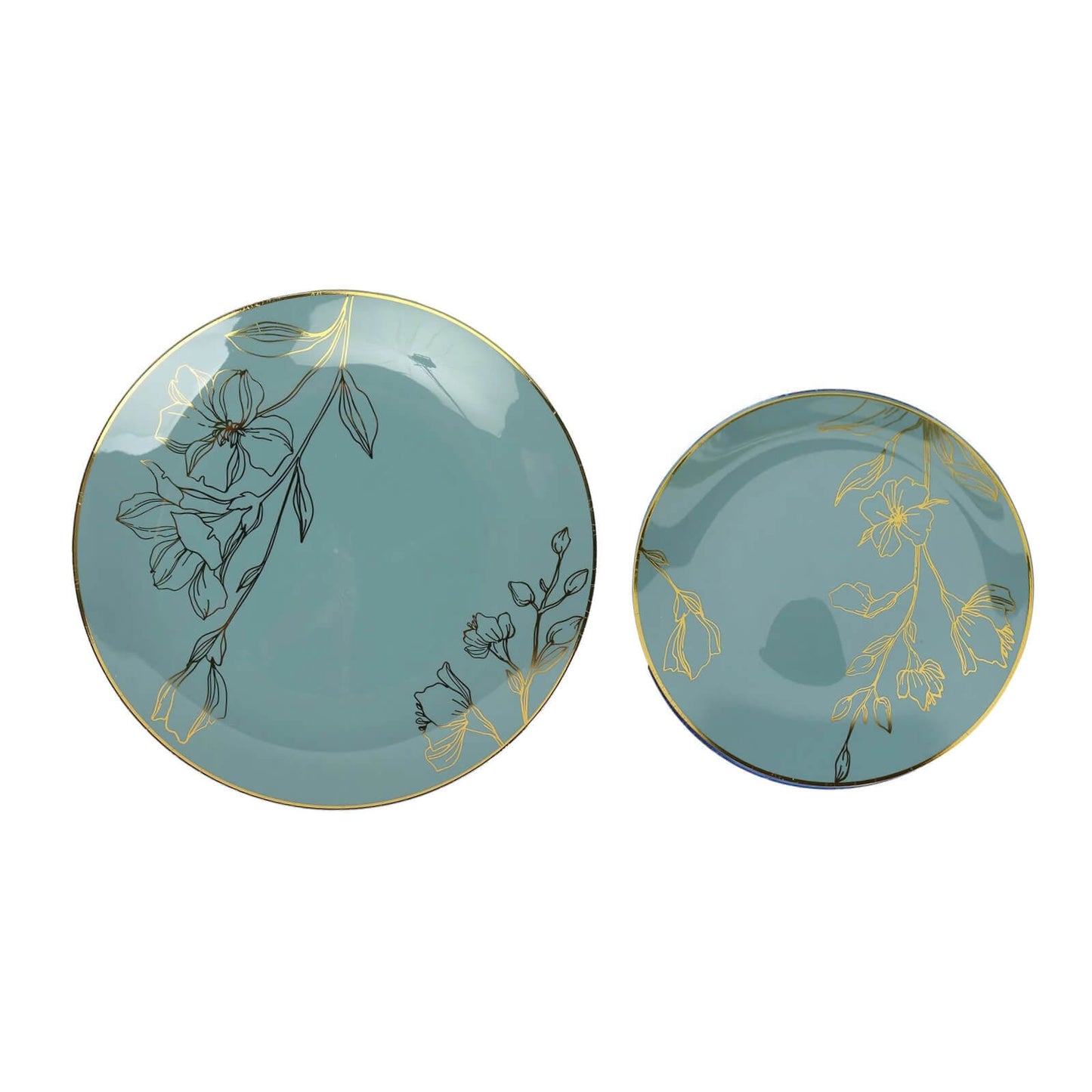 Set of 20 Dusty Blue Plastic Dinner Dessert Plates With Metallic Gold Floral Design, Disposable Round Party Plates - 8",10"