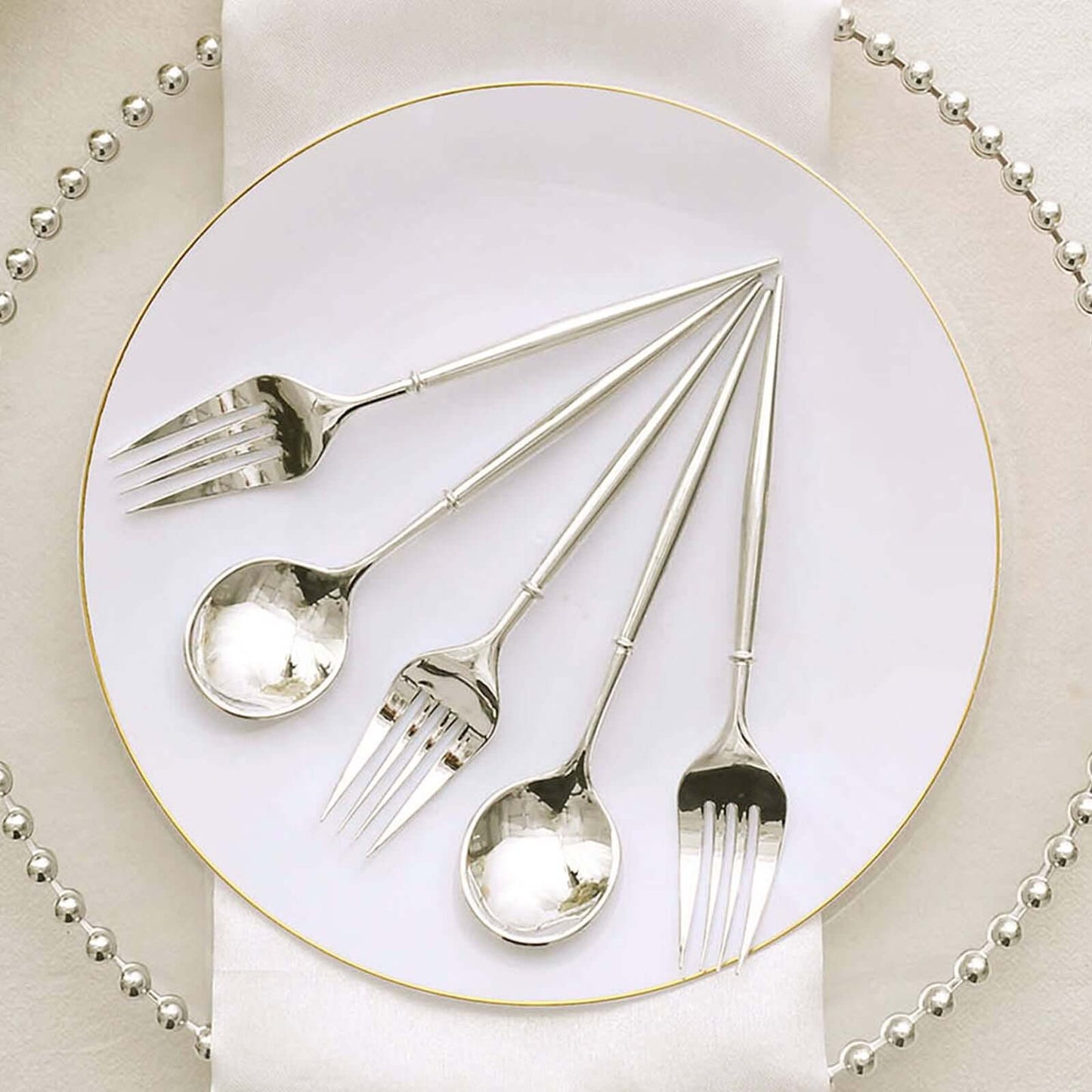 24-Pack Plastic Fork and Spoon Set Metallic Silver - Heavy Duty Disposable Modern Utensils 6"