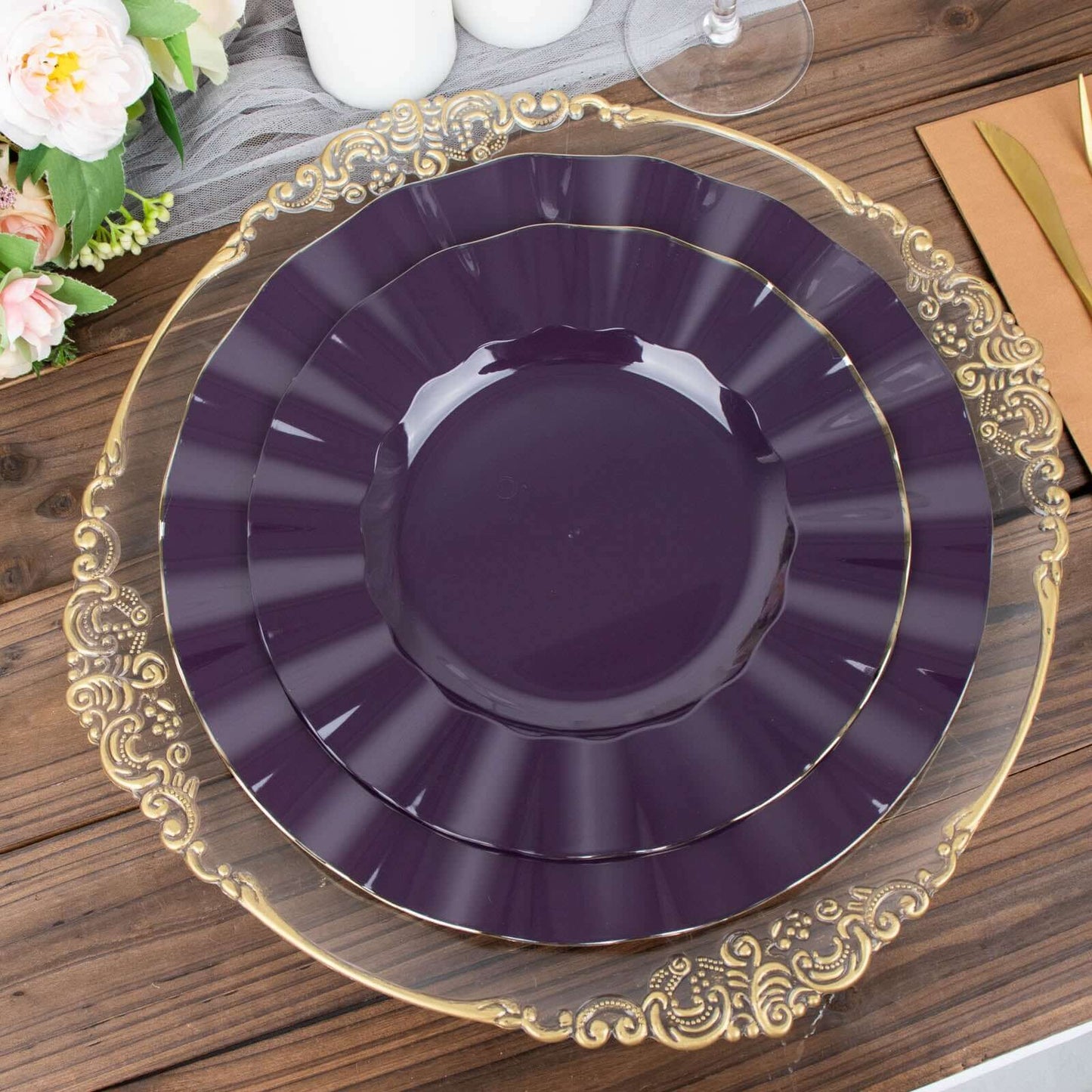 10-Pack Plastic 9" Round Dinner Plates in Purple Ruffled Rim with Gold Edging - Sturdy Disposable Dinnerware