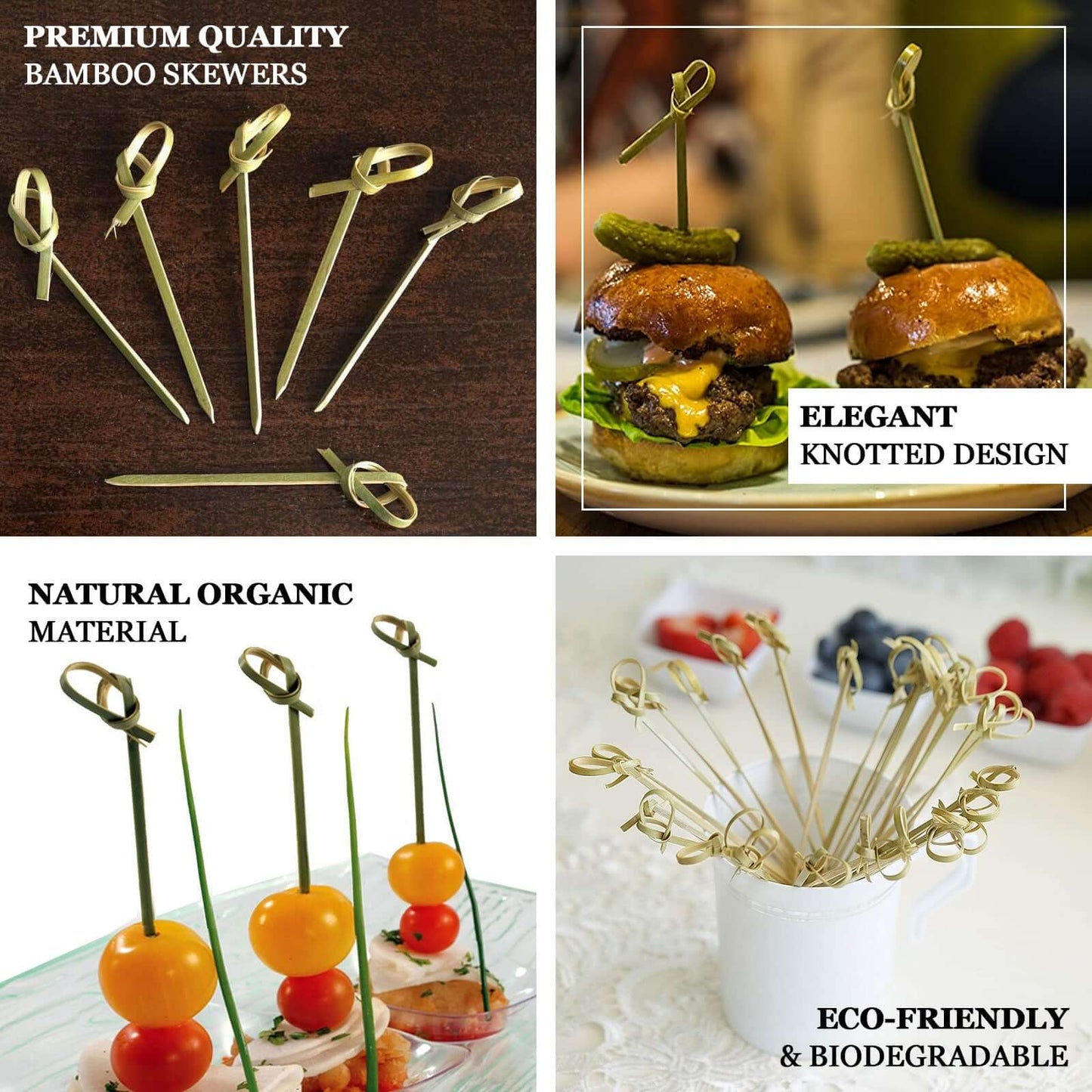 100-Pack Bamboo Skewers Knotted Style - Natural Eco Friendly Wooden Cocktail Picks for Food Display Party Snacks & Outdoor Cooking 3.5"