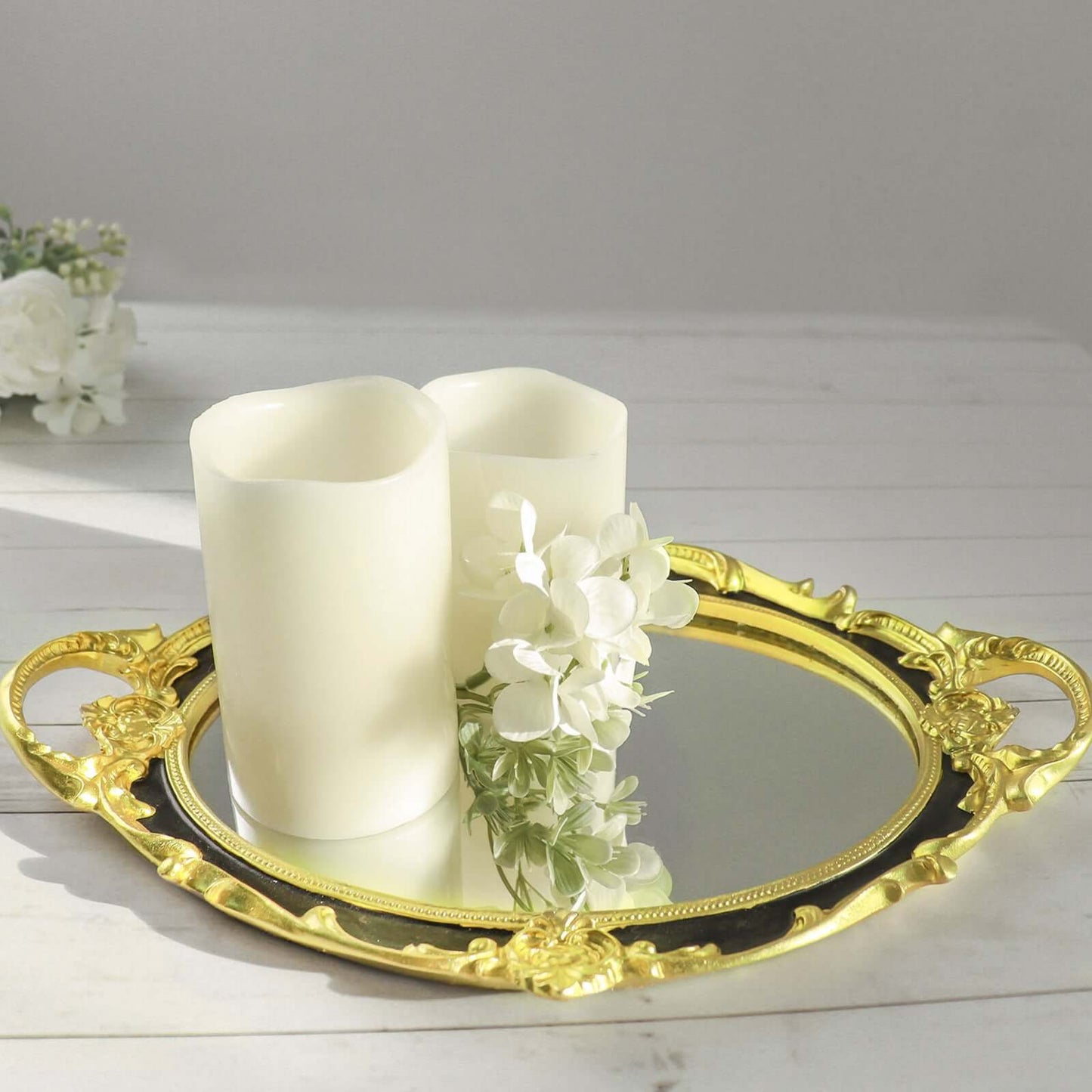 Resin Mirrored Vanity Oval Serving Tray 14"x10" in Black with Metallic Gold Baroque Design, Stylish Decorative Vanity Tray Centerpiece