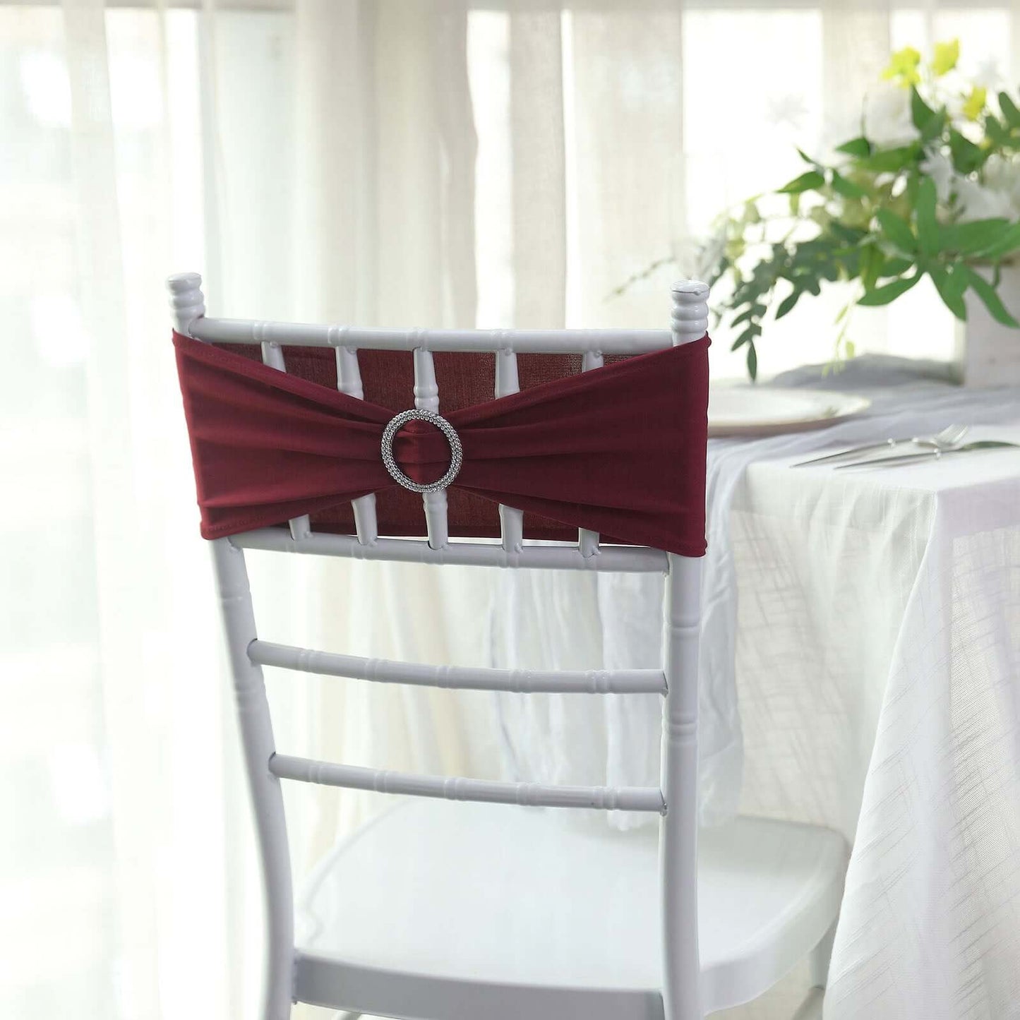 5 Pack Stretch Spandex Chair Sashes Burgundy - Reusable Chair Bands with Silver Diamond Ring Slide Buckle 5"x14"