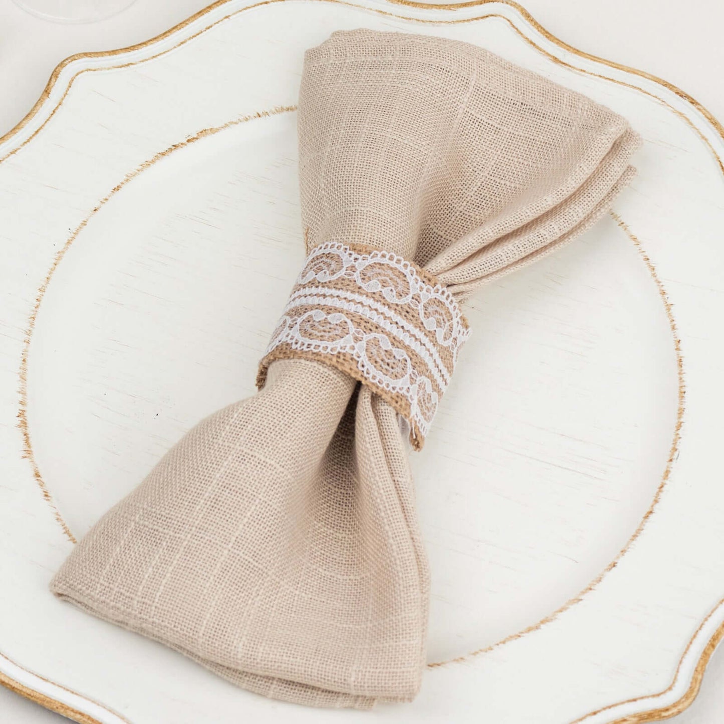 6 Pack Rustic Boho Chic Burlap and Lace Napkin Rings, Farmhouse Style Jute Serviette Buckles Holder