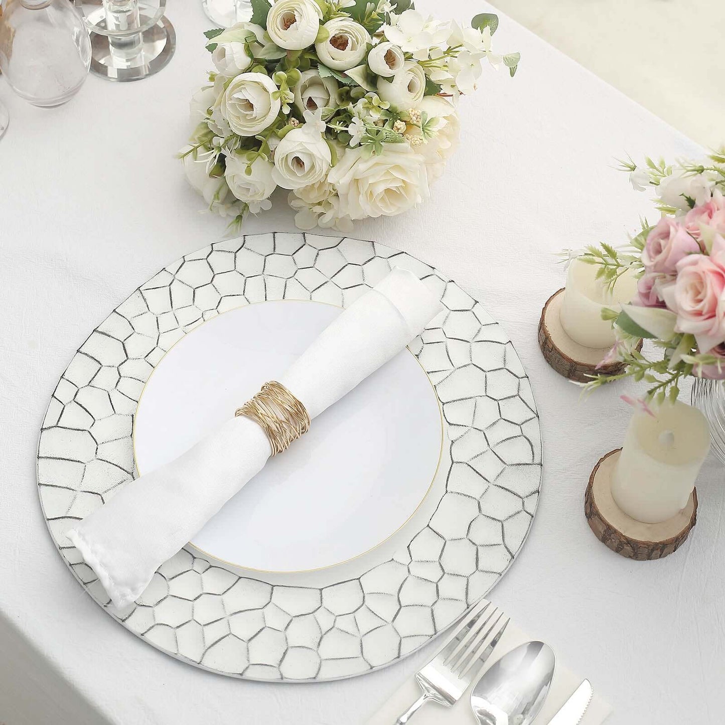 6-Pack Round Charger Plates 13" in White with Hammered Rim, Matte Finish Modern Dinner Charger Tableware