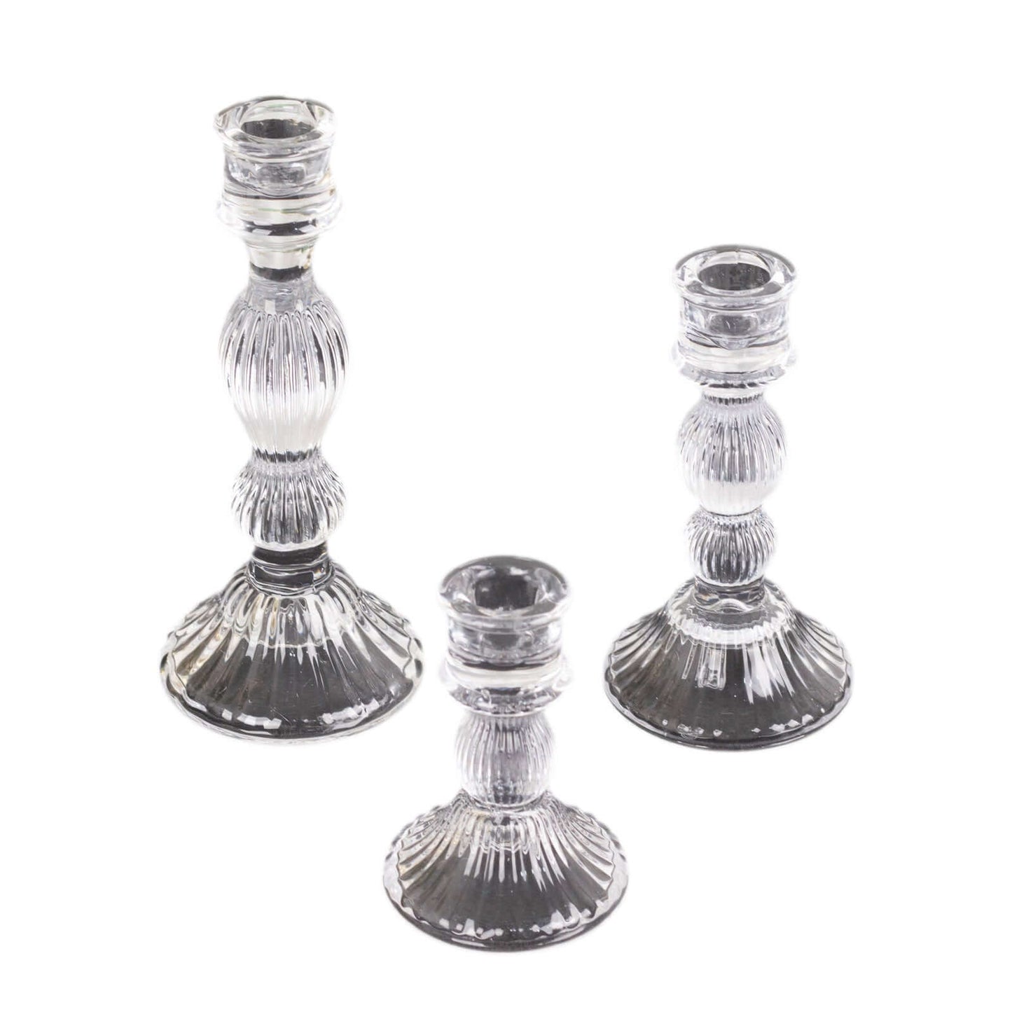 Set of 3 Glass Taper Candle Holders Fluted Design Clear - Ribbed Crystal Candlestick Stands 4", 6", 8"