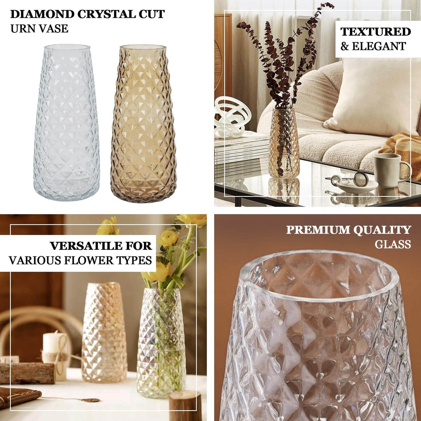 6-Pack Glass Urn Vases Amber Gold with Diamond Crystal Cut Pattern - Stylish Decorative Design for Event Decor 8.5"