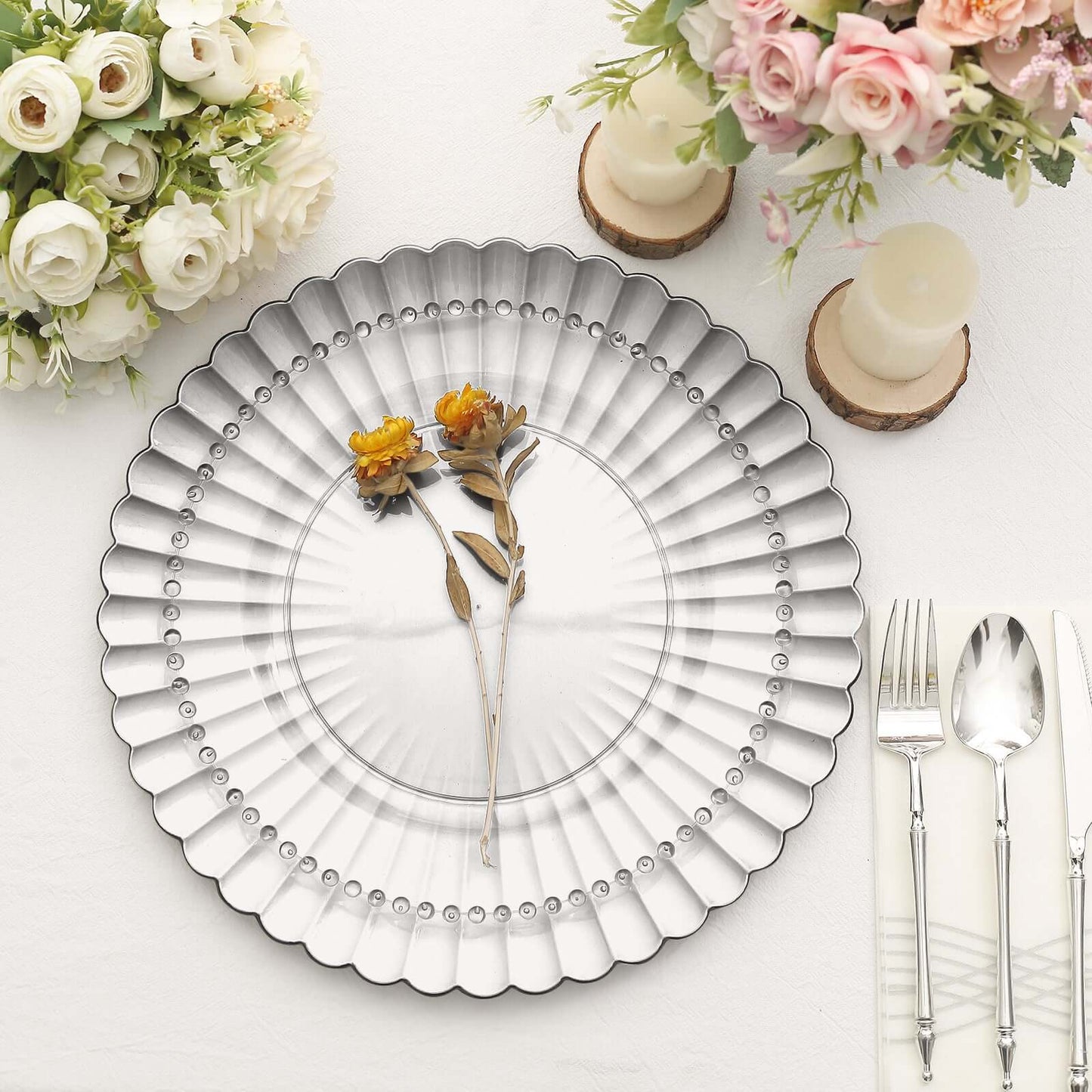 6-Pack Plastic Round Charger Plates 13" in Silver with Scalloped Shell Pattern, Coastal Inspired Disposable Charger Tableware