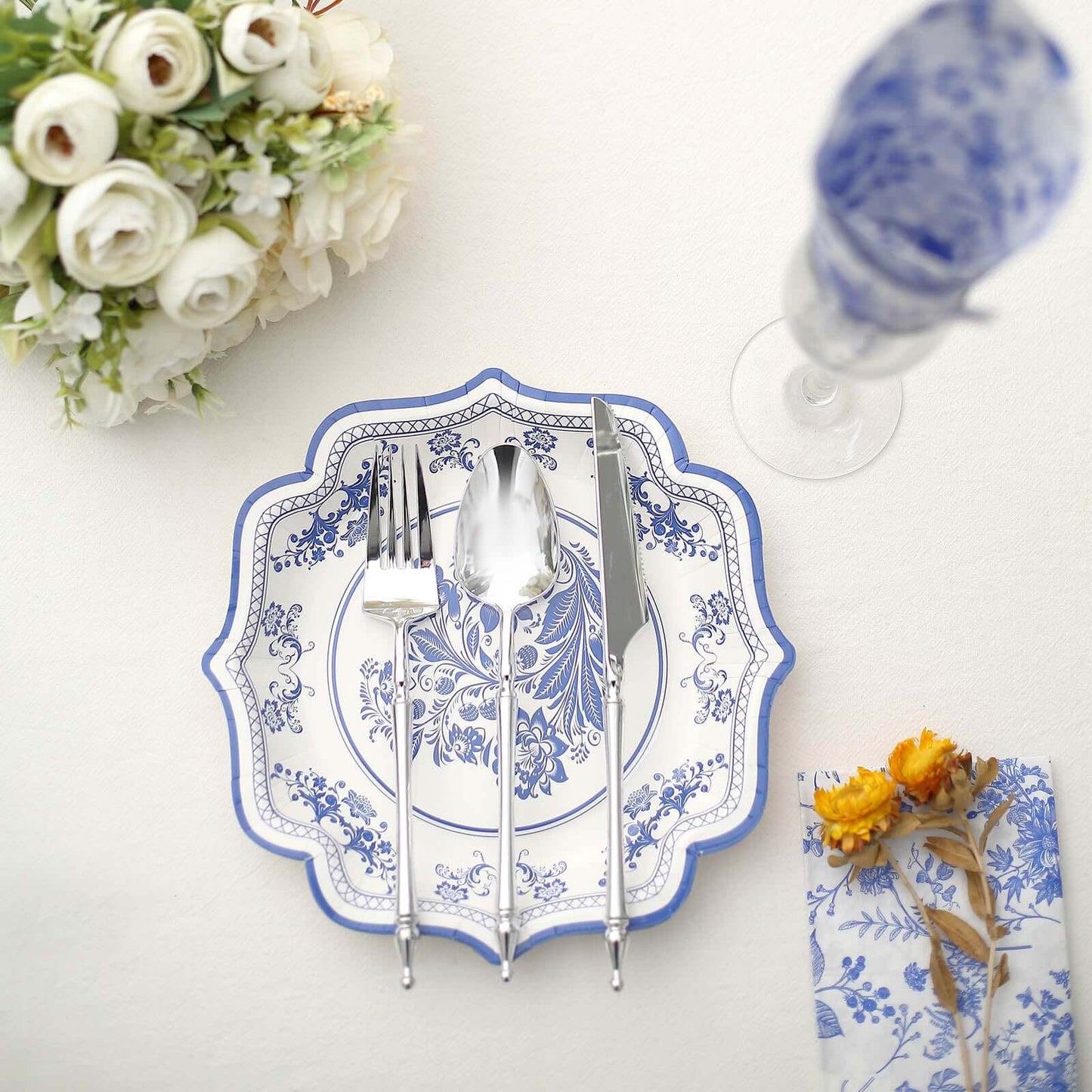 25-Pack Paper Dessert Plates in White with Light Blue Damask Floral Print & Scallop Rim - Stylish Disposable 300GSM Floral Salad Appetizer Plates 8"