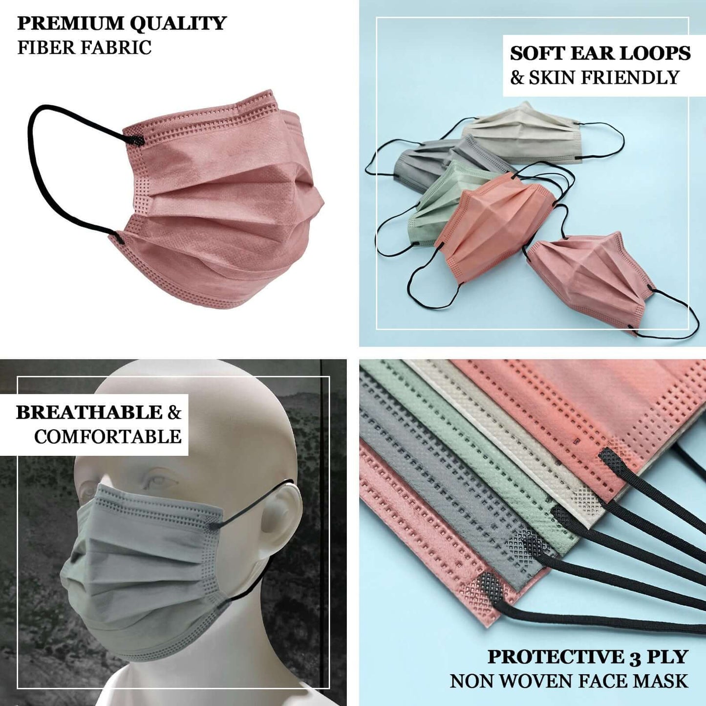 50 Pack 3 Ply Assorted Colors Disposable Face Mask Non Woven Mask with Ear Loop