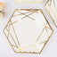 25-Pack Paper 9" Hexagon Dinner Plates in White with Gold Geometric Lines & Rim
