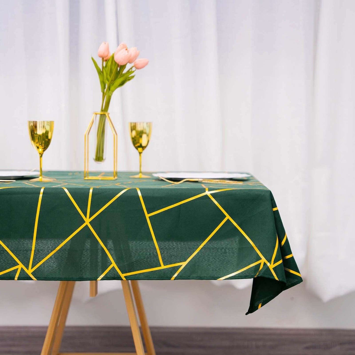 Polyester 54"x54" Square Tablecloth Hunter Emerald Green with Gold Foil Geometric Pattern - Wrinkle-Resistant & Durable Table Cover