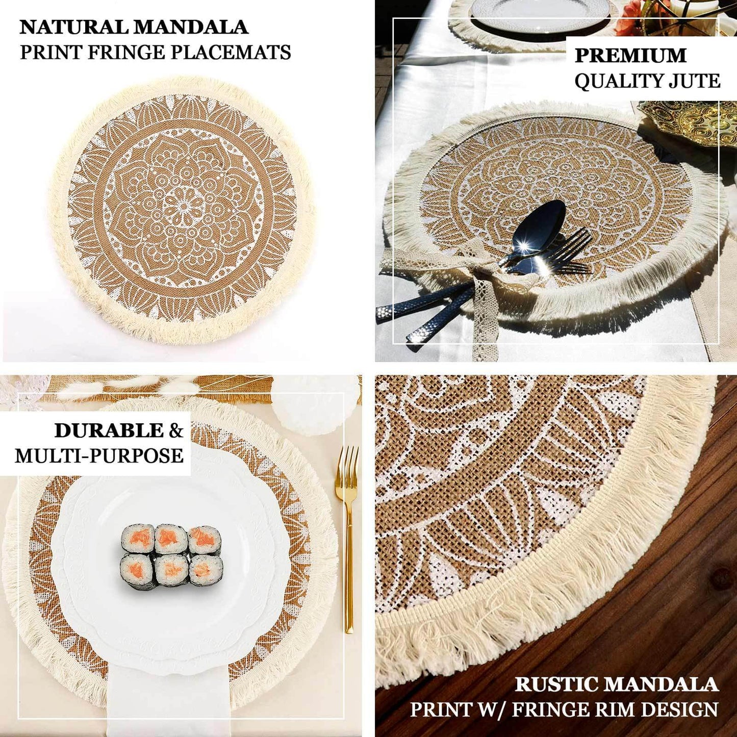 4-Pack Placemats Mandala Print Fringe Design Natural Jute and White Round - Rustic Burlap Tassel Style 15"