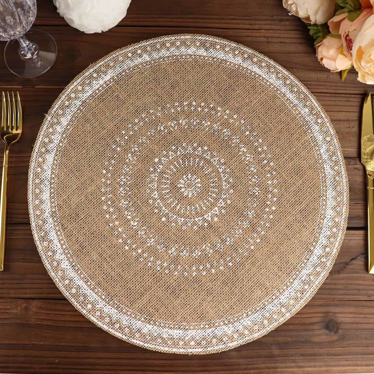 4-Pack Placemats Braided Design Natural Jute and White Round - Rustic Burlap Woven Table Mats 15"