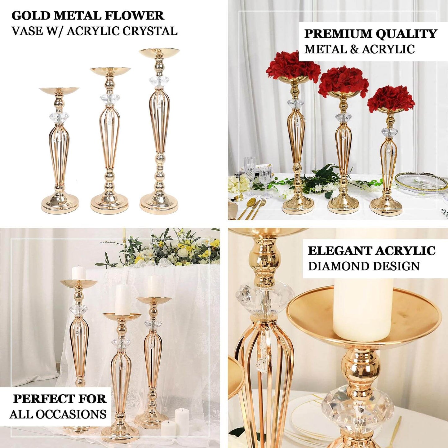 Set of 3 Metal Pedestal Stands with Crystal Ball Flower Bowl Design Gold - Pillar Candle Holders 20", 23", 25"