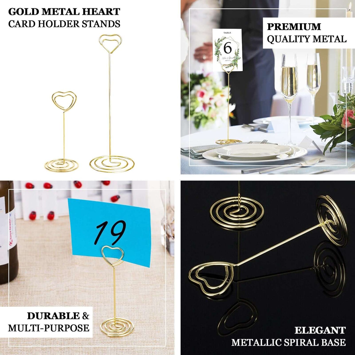 10-Pack Metal Card Holder Stands Heart Design Gold - Table Number Stands and Wedding Place Card Menu Clips 8"