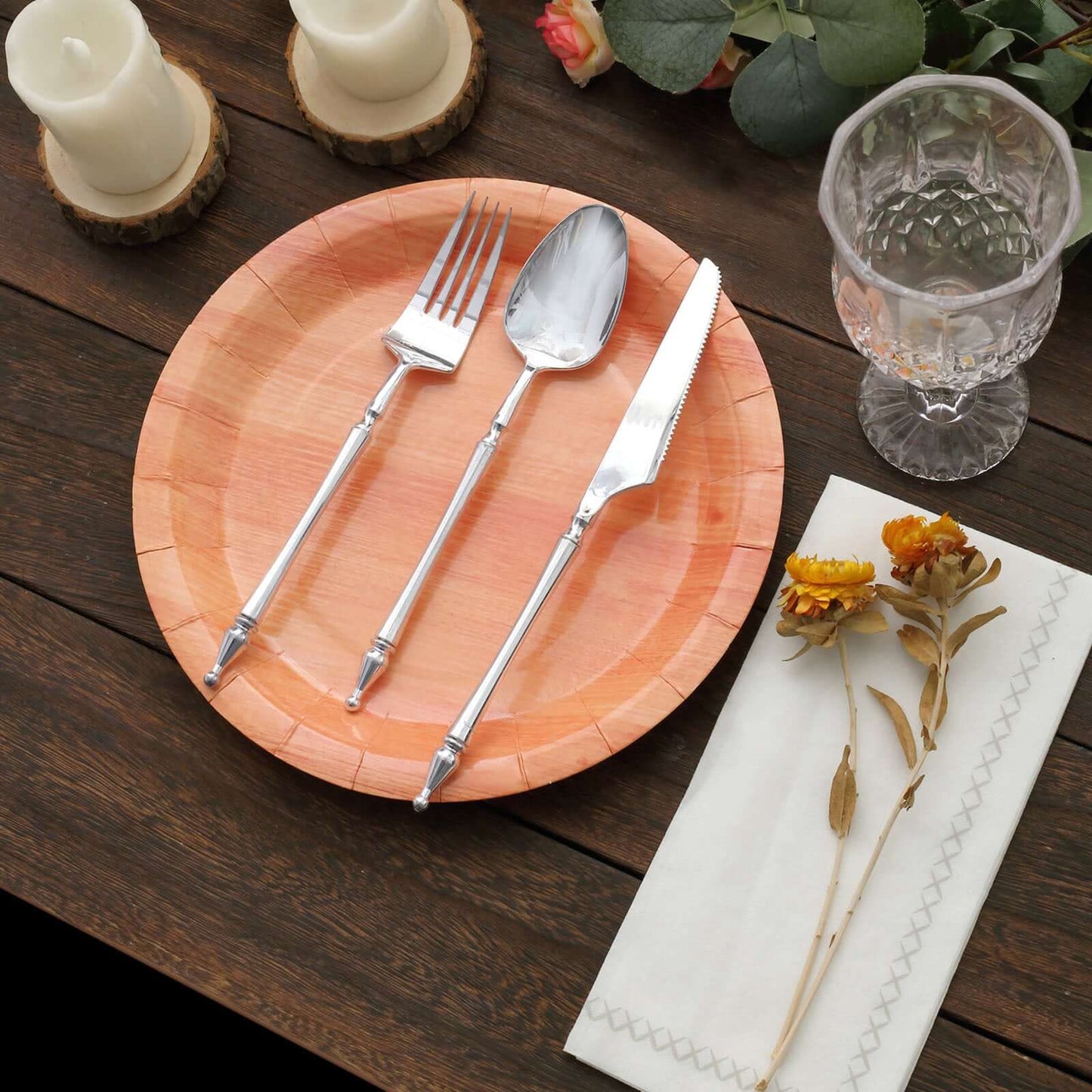 25-Pack Paper 10" Round Dinner Plates Natural Wood Grain Print - Rustic & Nature-Inspired Disposable Party Plates