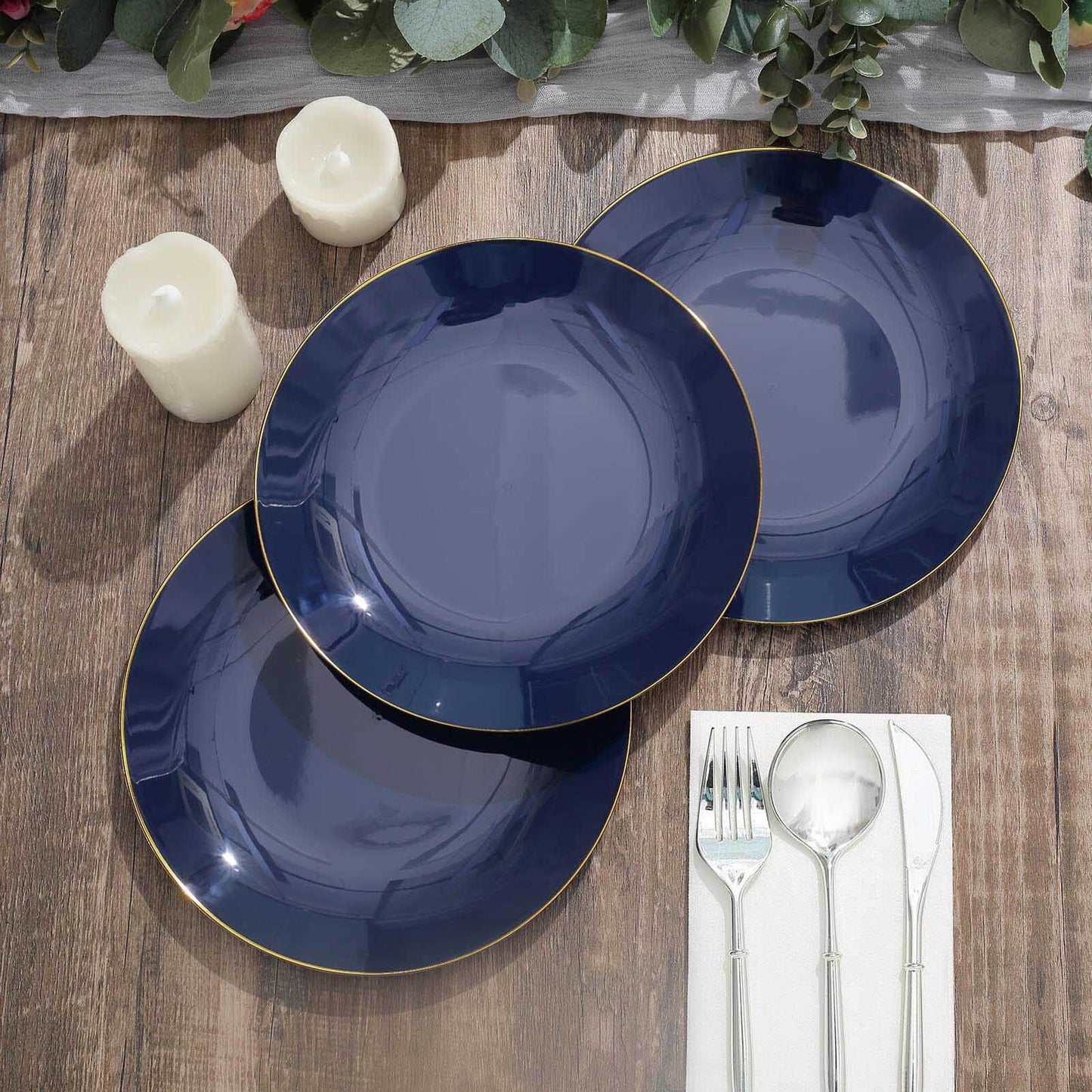 10-Pack Plastic 8" Round Dessert Plates in Navy Blue with Gold Rim - Glossy Disposable Appetizer Salad Plates