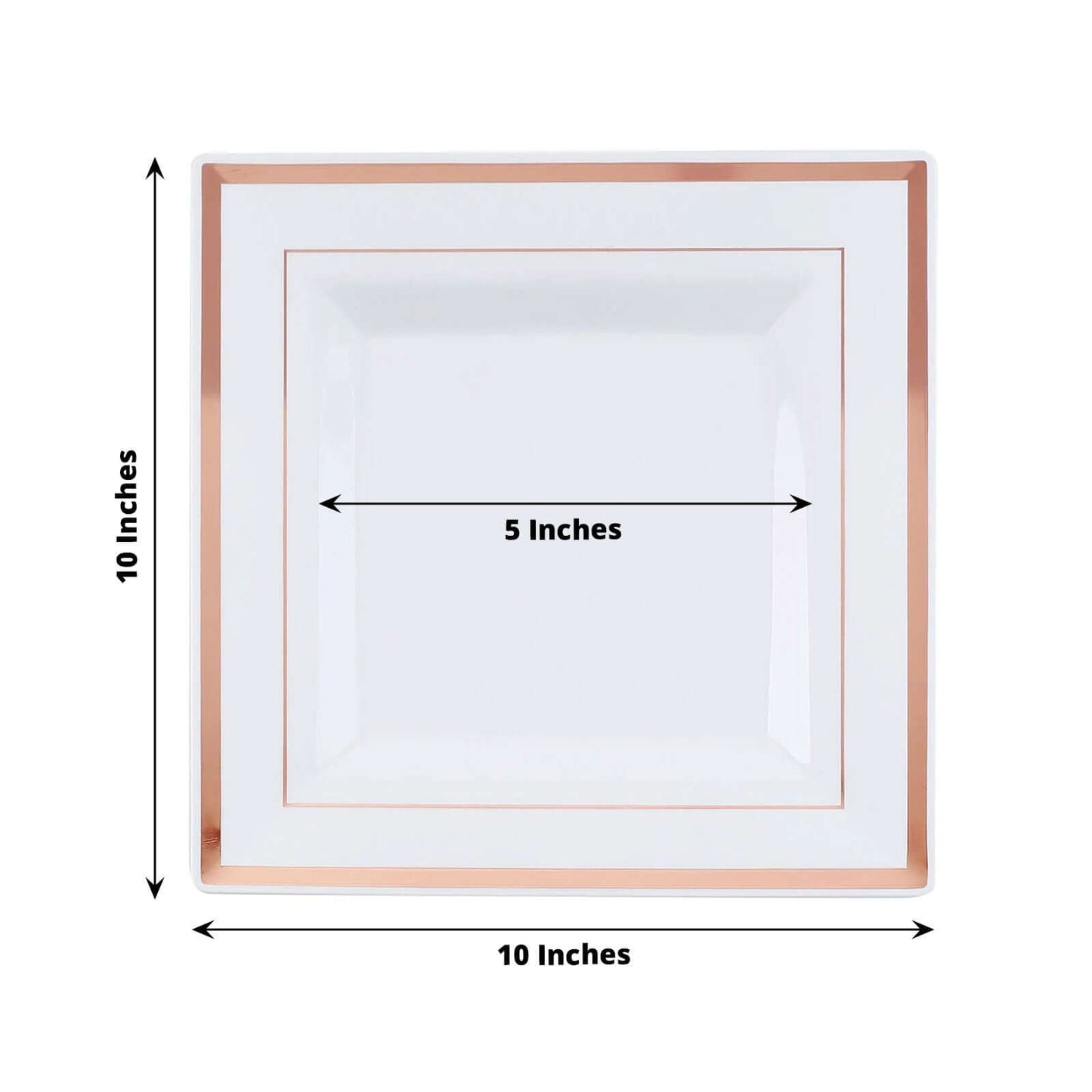 10-Pack Plastic Dinner Plates White Square with Rose Gold Trim - Lightweight Disposable Plates for Events 10"