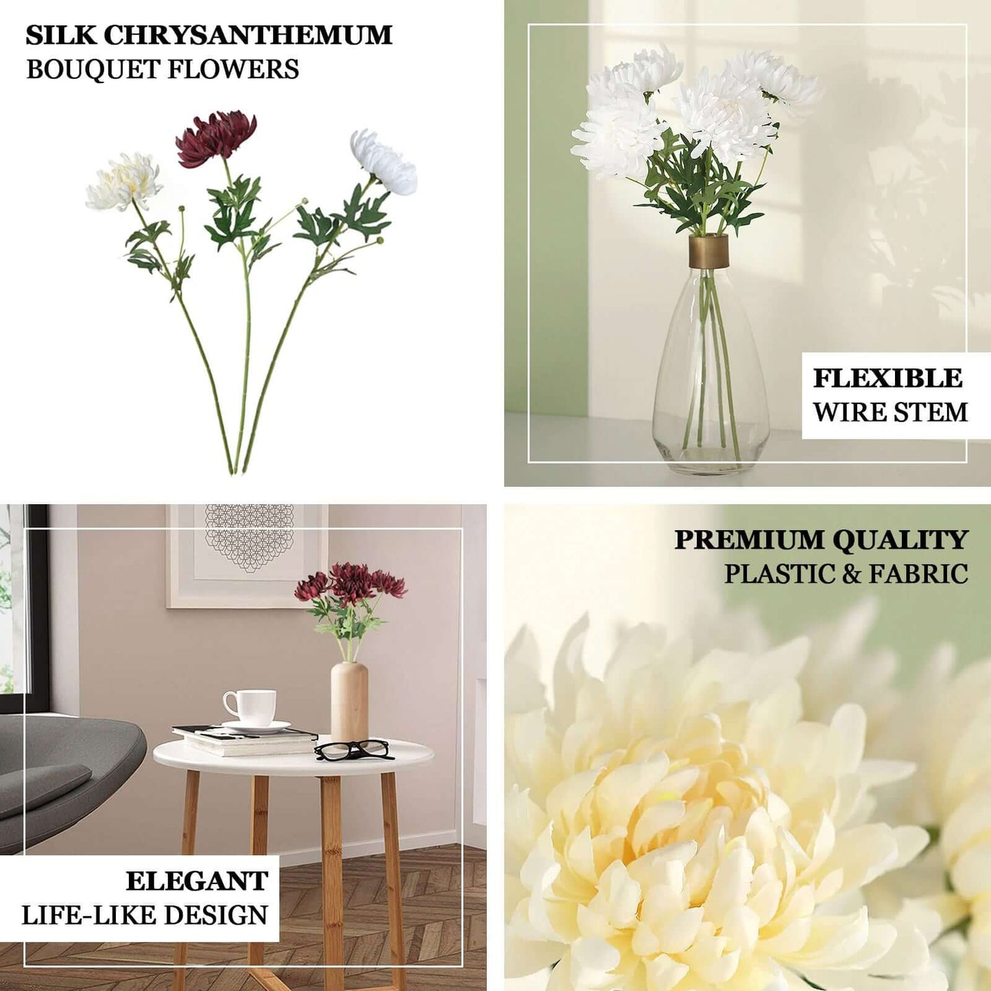 3 Stems Ivory 27" Artificial Silk Chrysanthemum Bouquet Flowers, Large Faux Mum Branches