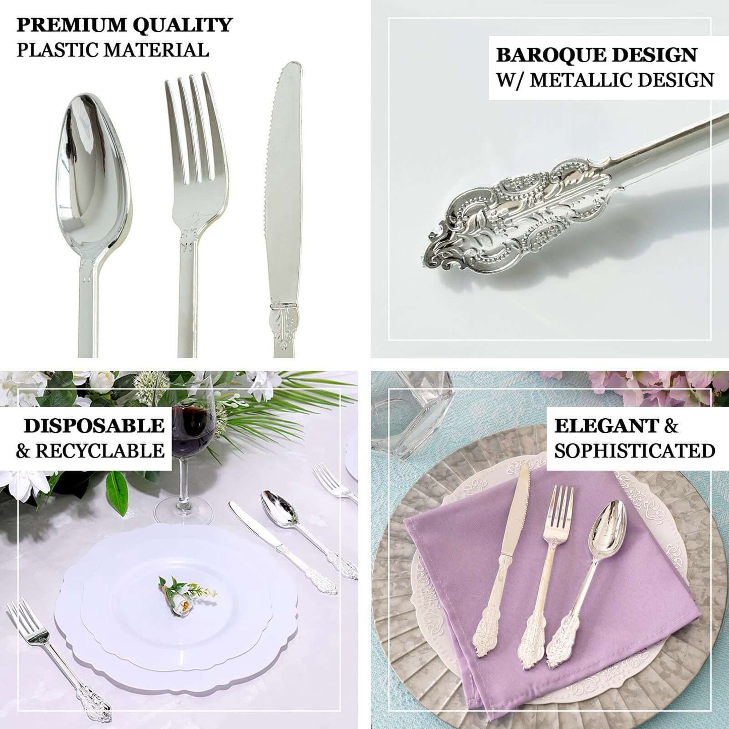 24 Pcs Plastic Silverware Set in Baroque Style Metallic Silver - Heavy Duty Disposable Knife, Fork, and Spoon Set